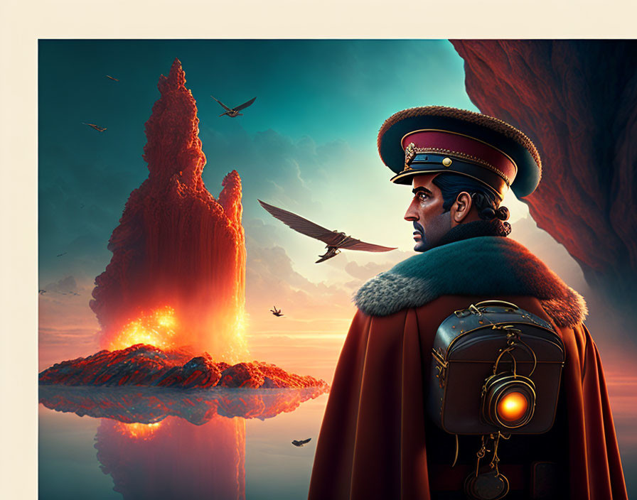 Steampunk adventurer in red uniform gazes at volcanic eruption with mechanical birds