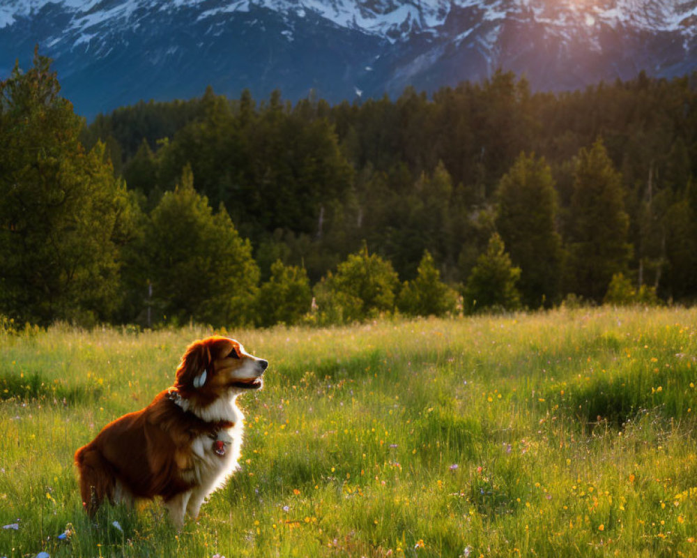 Dog in meadow with wildflowers at sunset with snow-capped mountains