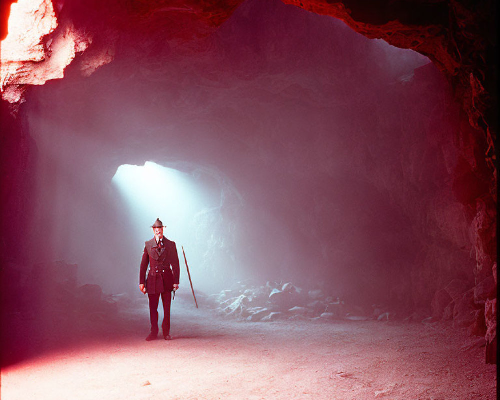 Person in Suit and Hat Standing in Cave with Natural Light Beam