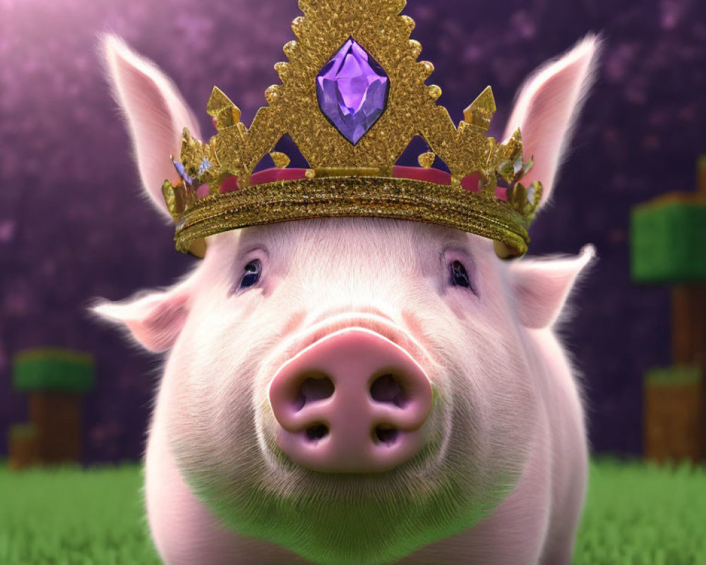 Golden Crowned Pig on Whimsical Purple Background with Plants