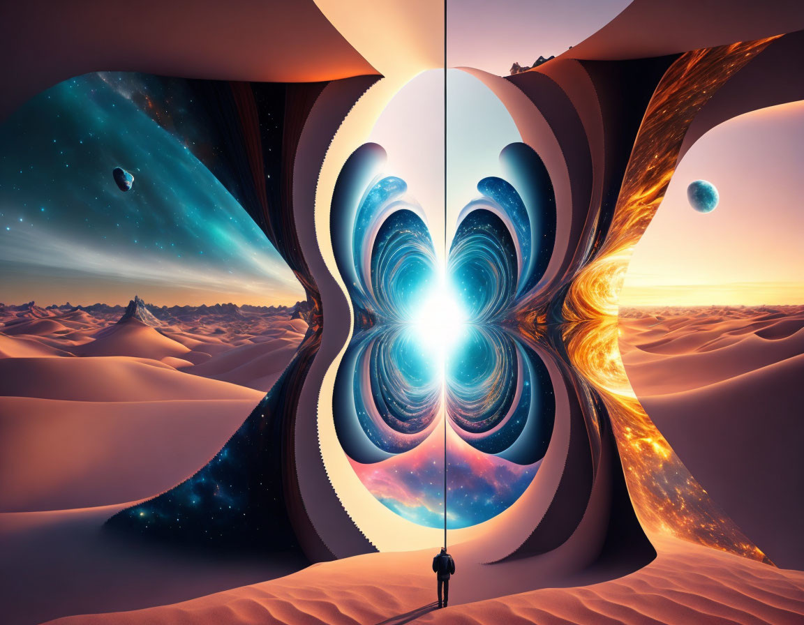 Person standing before surreal desert portal with two landscapes - one normal dusk sky, the other cosmic whirl.