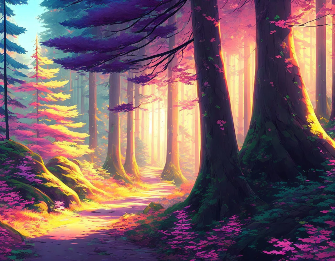 Colorful Forest Scene with Sunlight Filtering Through Tall Trees