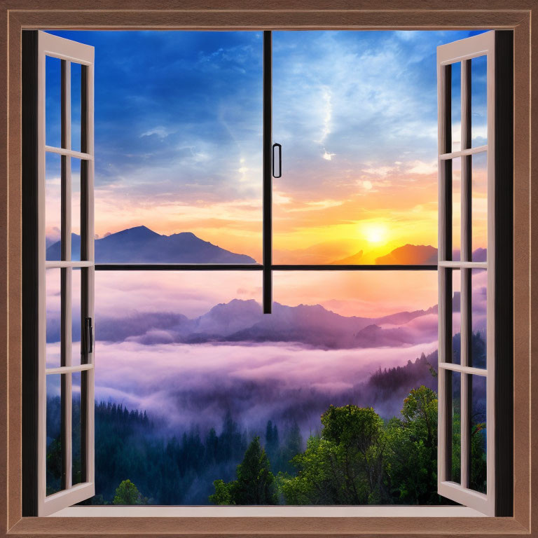 Scenic sunrise with mountain silhouette, clouds, and forest view