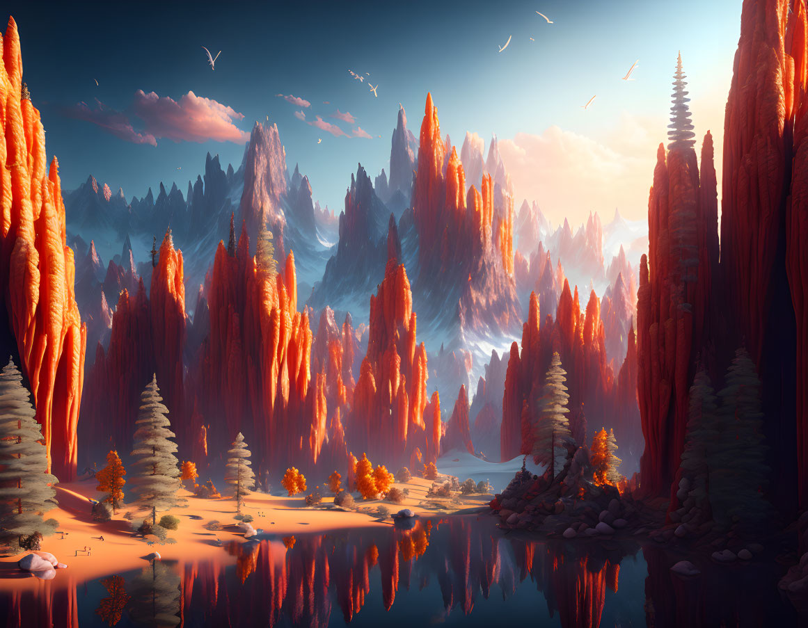 Tranquil red mountain landscape with lake and pine trees