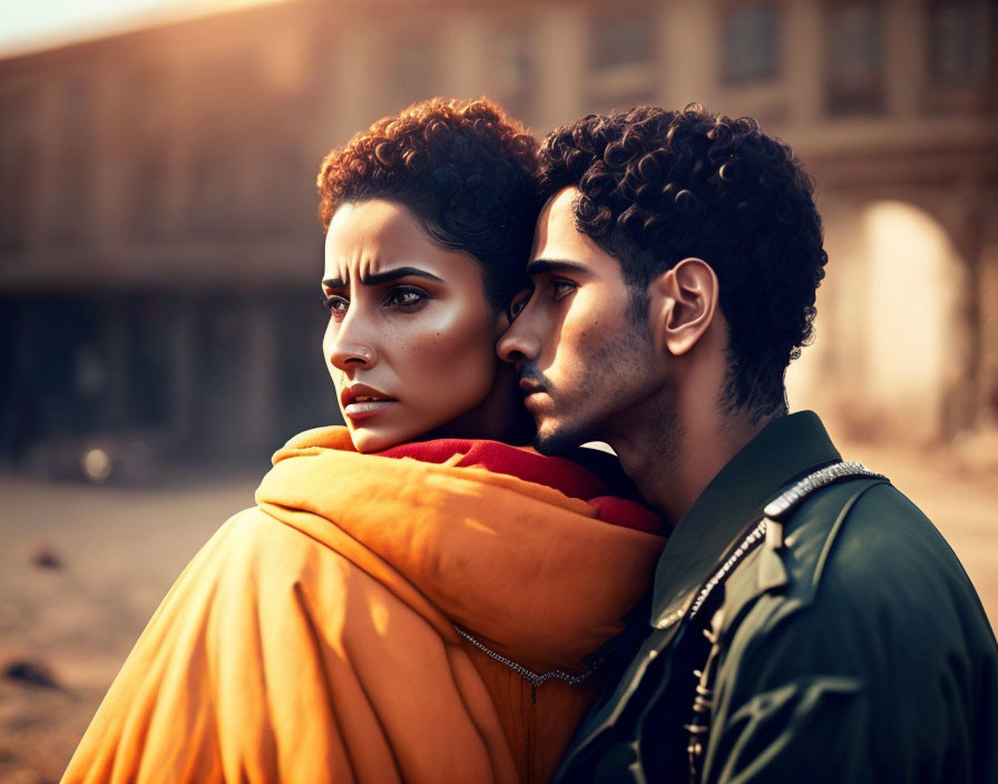 Intense man and woman pose closely in urban setting with warm lighting