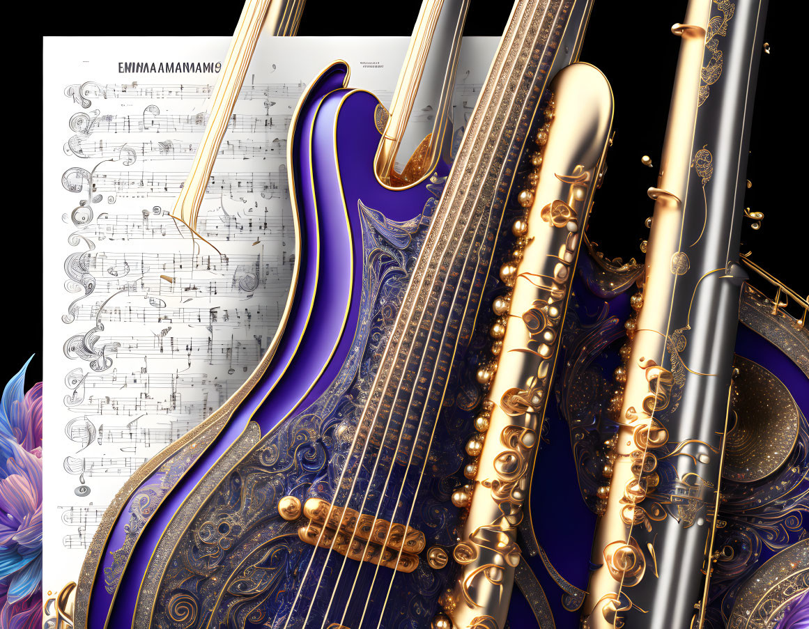 Musical instruments in blue and gold hues on floral sheet music.