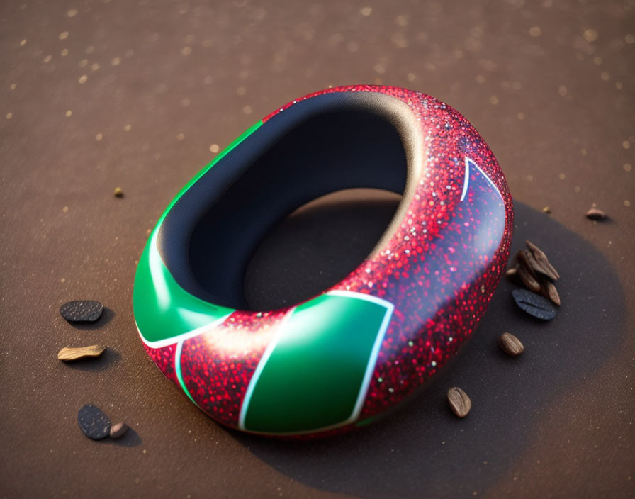 Shiny red sparkly doughnut with green arrow design on dark surface