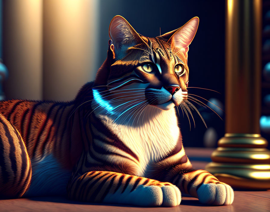 Realistic 3D Rendering of Tabby Cat with Amber Eyes Indoors