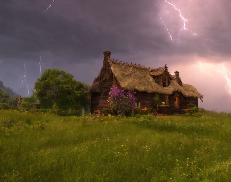 Rustic thatched-roof cottage in stormy skies landscape