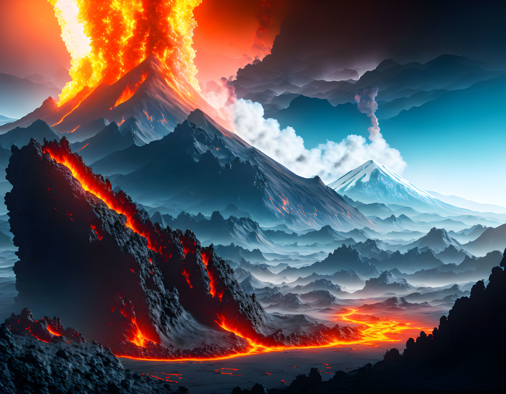 Erupting volcano amidst mountain range under dramatic sky