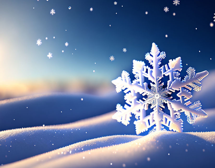 Snowflake on Dreamy Blue Snowdrift Background with Falling Snow