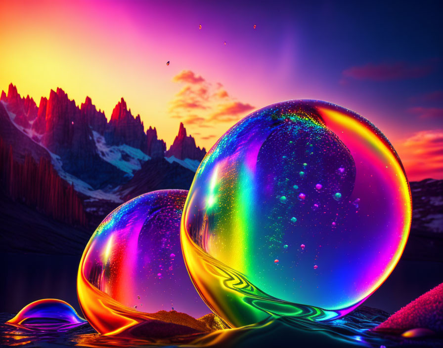 Colorful soap bubbles near lake under purple mountains & pink-orange sky