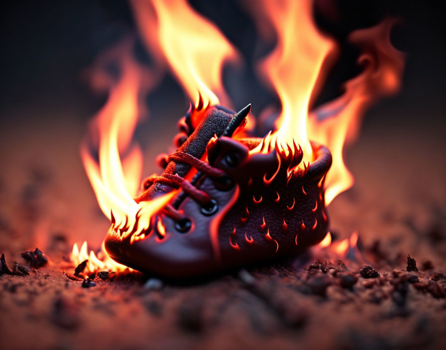 Red Sneaker with Flame Pattern Engulfed in Bright Flames on Dark Background