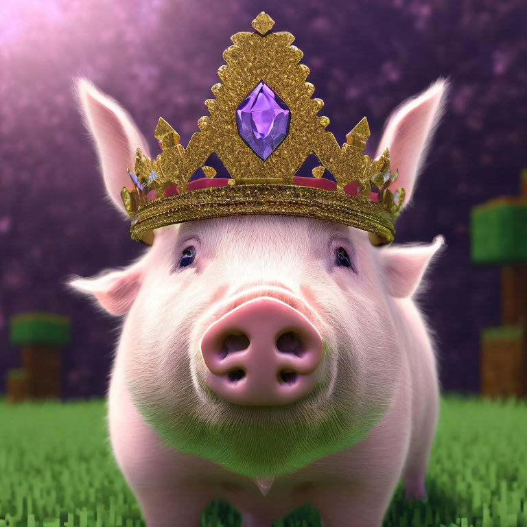 Golden Crowned Pig on Whimsical Purple Background with Plants