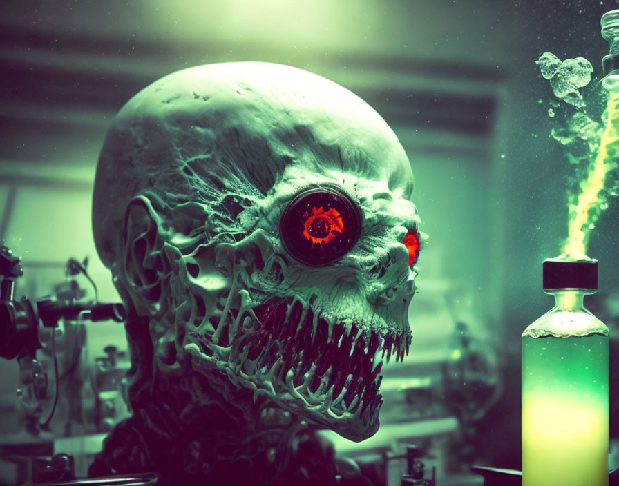 Monstrous skull with red eye and glowing liquid in horror-themed image