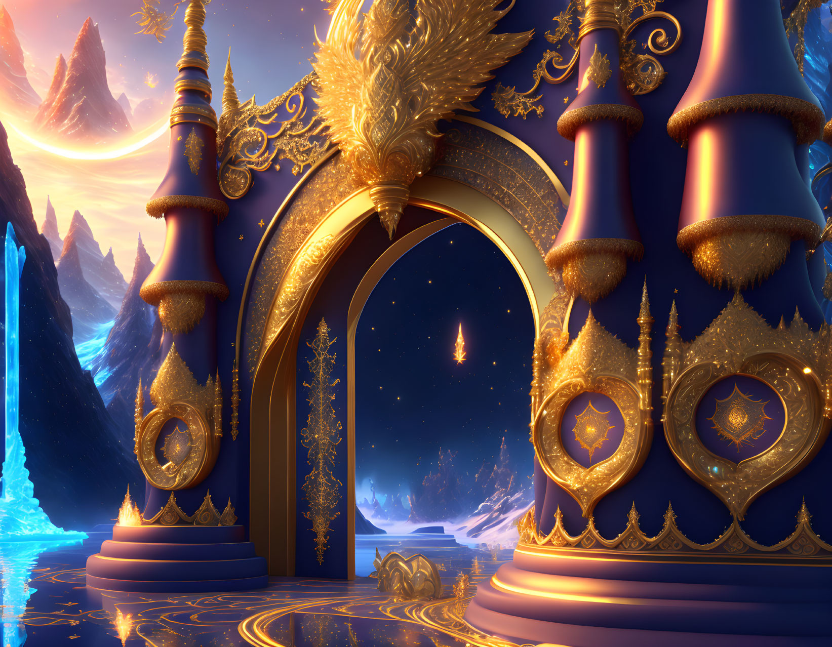 Majestic fantasy castle gate with golden ornate details and starry sky view