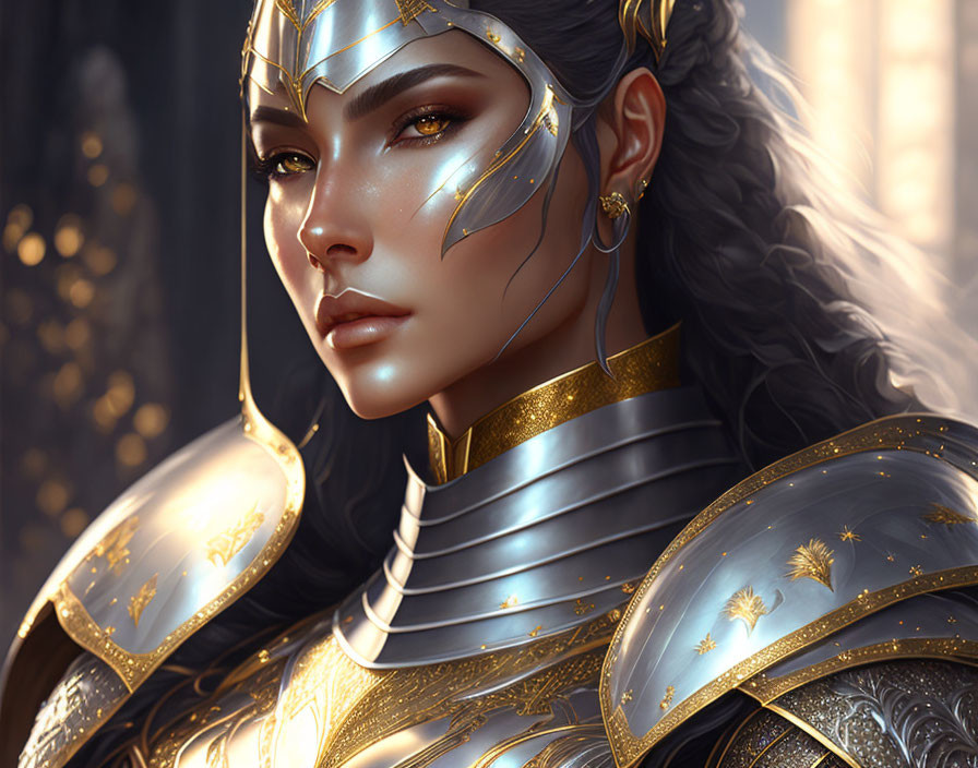 Female warrior in ornate golden armor with stern expression