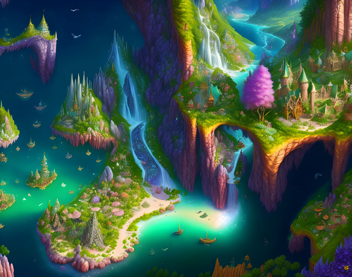 Vivid fantasy landscape with floating islands, waterfalls, flora, boats, and whimsical architecture.