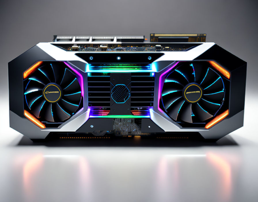 Dual Cooling Fans, LED Lighting, & Multiple Ports on Graphics Card on Reflective Surface