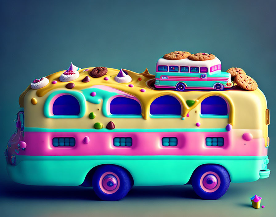 Colorful melting ice cream bus with candies and cookies illustration.