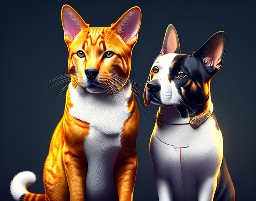 Orange Tabby Cat and Black & White Dog Sitting Together in Digital Illustration