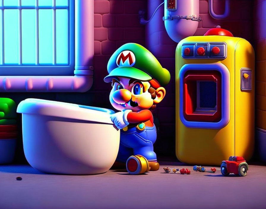 Blue-overalled plumber examines spilled candies by arcade machine and bathtub.