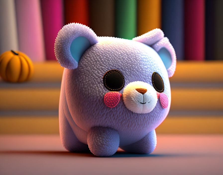 3D-rendered plush toy bear with big eyes and pumpkin near colorful books