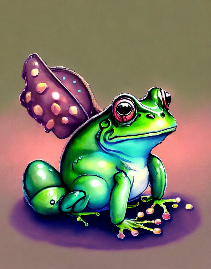 Whimsical green frog with butterfly wings in fairy dust landscape