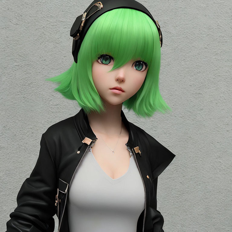 3D illustration of young female with green hair, leather jacket, and headphones