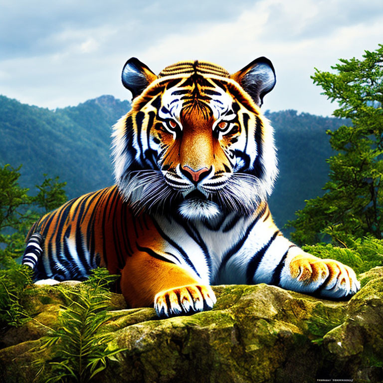 Majestic tiger on rock in lush greenery and misty mountains