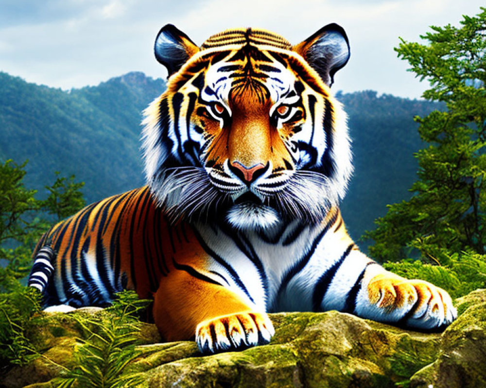 Majestic tiger on rock in lush greenery and misty mountains