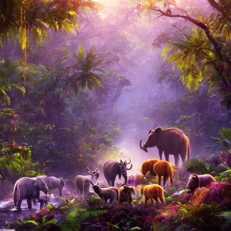 Tropical forest with elephants and buffaloes by water at sunrise