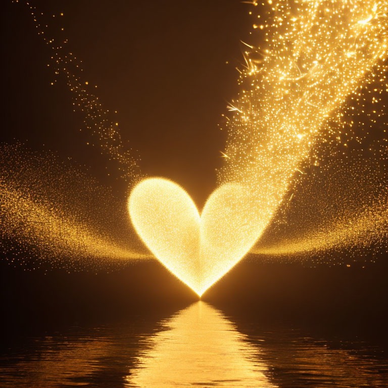 Heart-shaped golden sparkles trail on dark water surface against black background