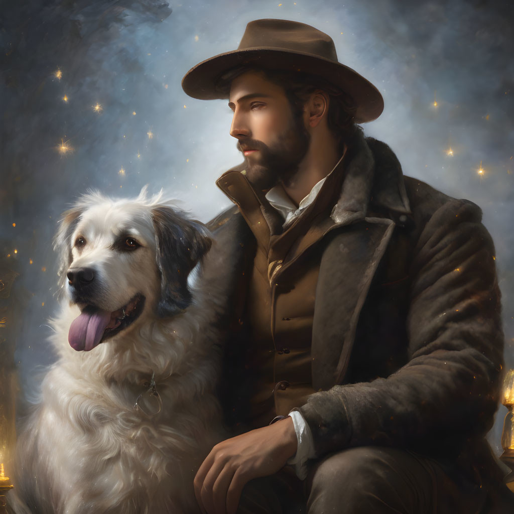 Bearded man with white dog in classical portrait setting