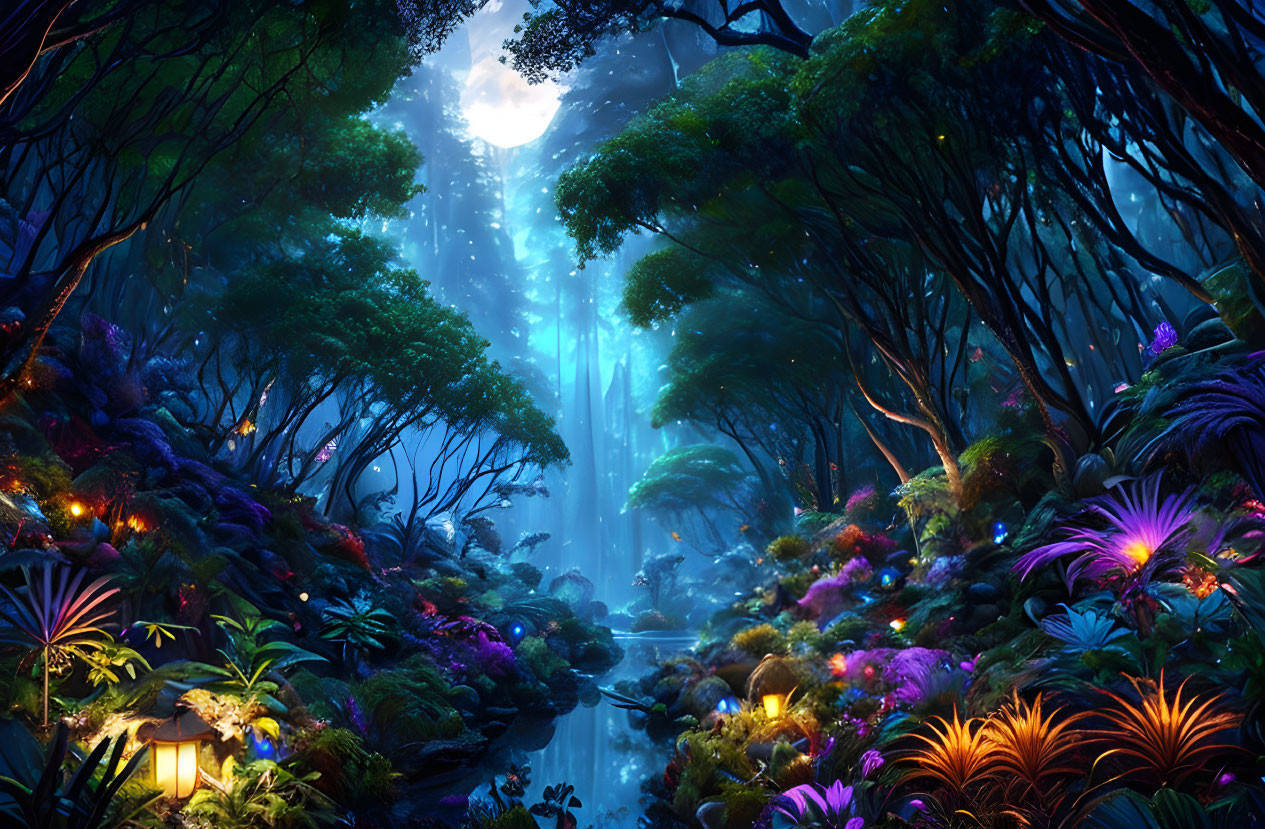 Vibrant nighttime forest with ethereal lighting and tranquil stream