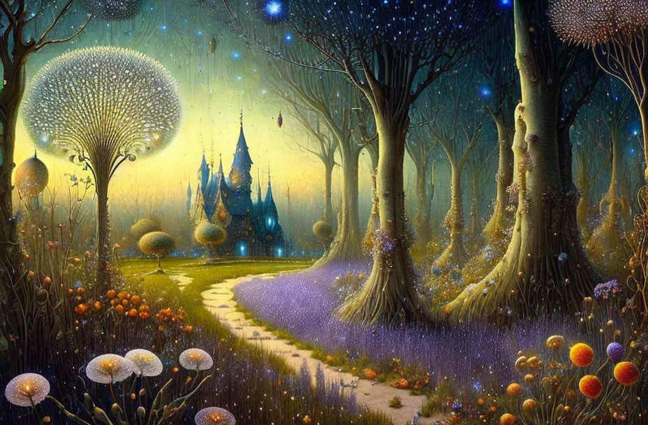 Luminescent Trees, Winding Path, Castle, Starry Sky, Purple Flowers