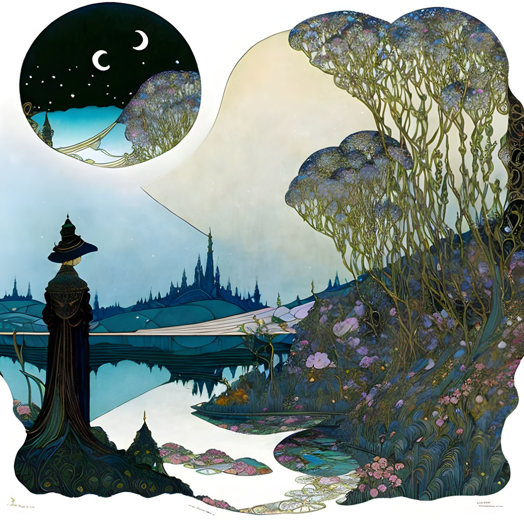 Cloaked Figure in Fantastical Landscape with Castle and Crescent Moon