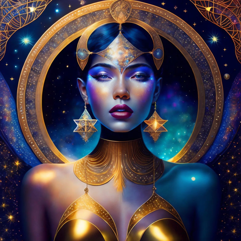 Digital art portrait of woman with celestial adornments and cosmic backdrop.