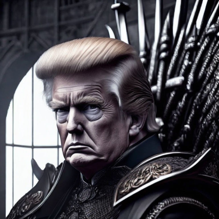 Stylized caricature of a man with distinct hairstyle on ornate medieval fantasy throne