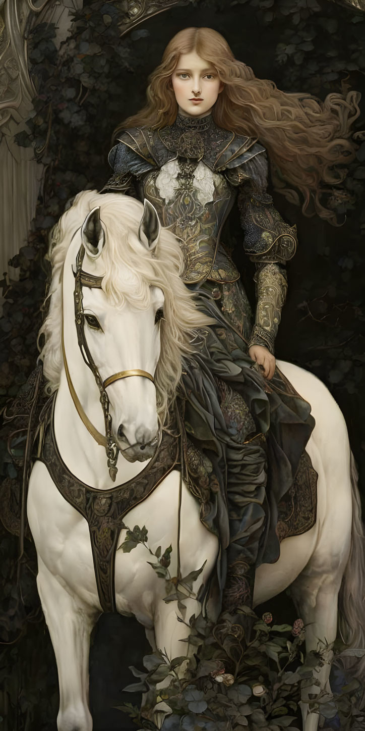 Medieval armor-clad woman on white horse in lush forest setting