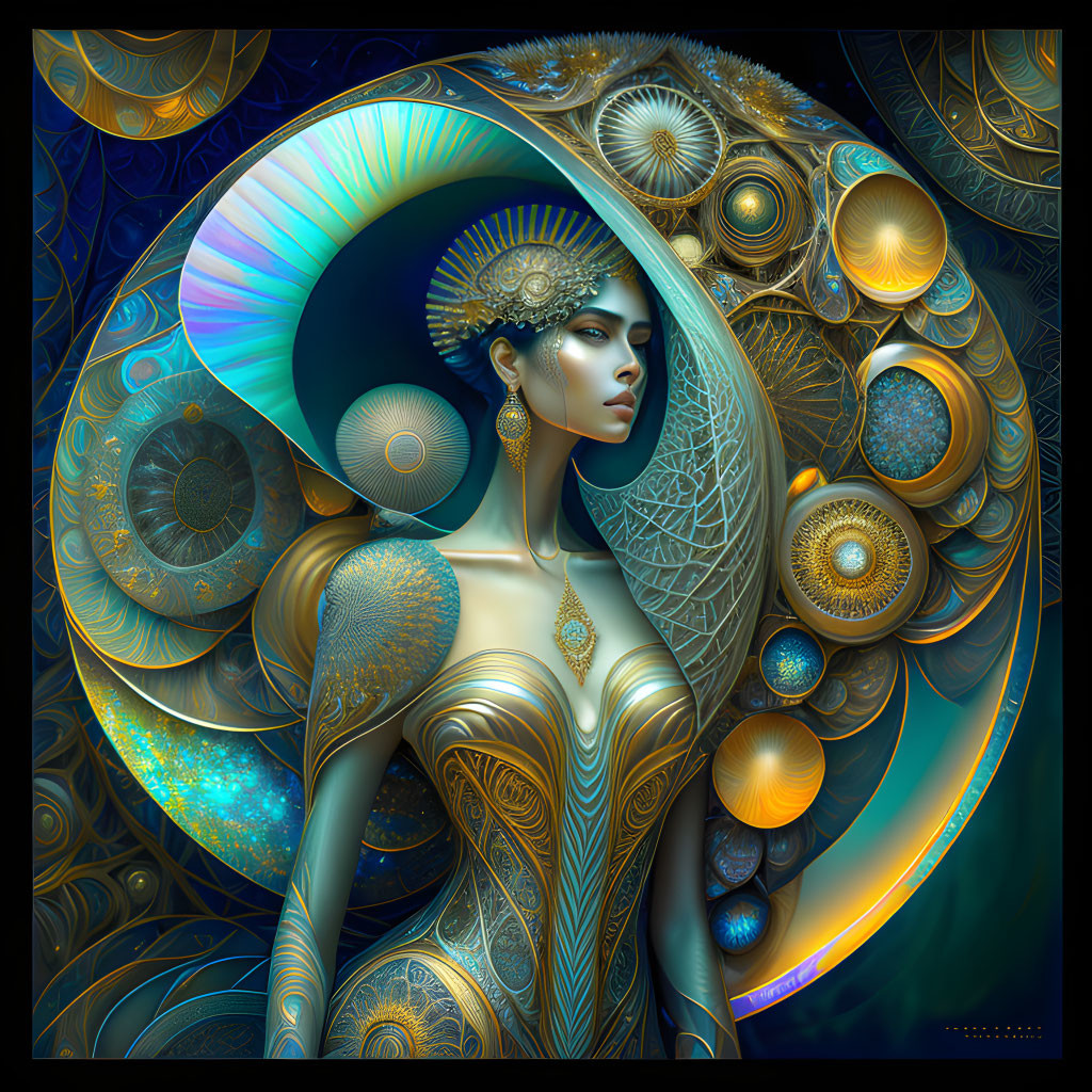 Intricate digital artwork featuring adorned woman in celestial setting