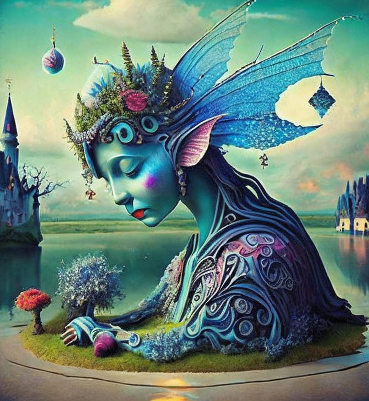 Blue-skinned fairy with nature crown at lakeside castle.