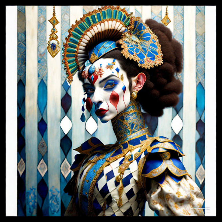 Elaborate Blue and Gold Regal Costume Against Striped Background