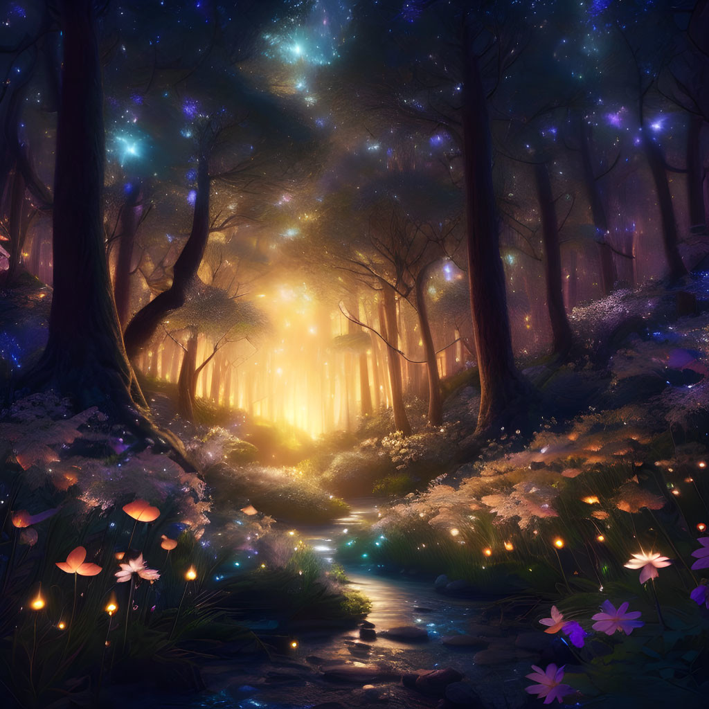 Enchanting forest scene with starry sky, luminous pathway, trees, flowers, and bro