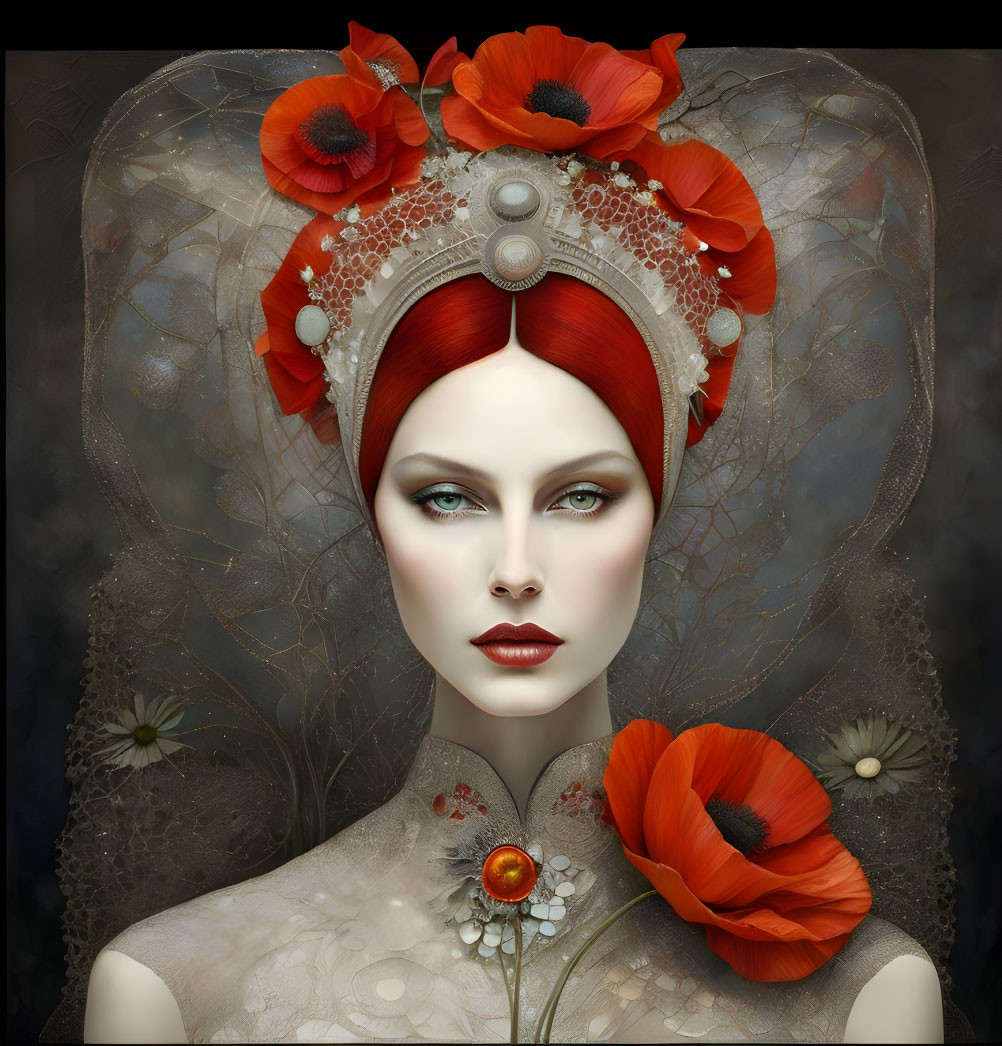 Red-haired woman with poppy headpiece and lace against muted background