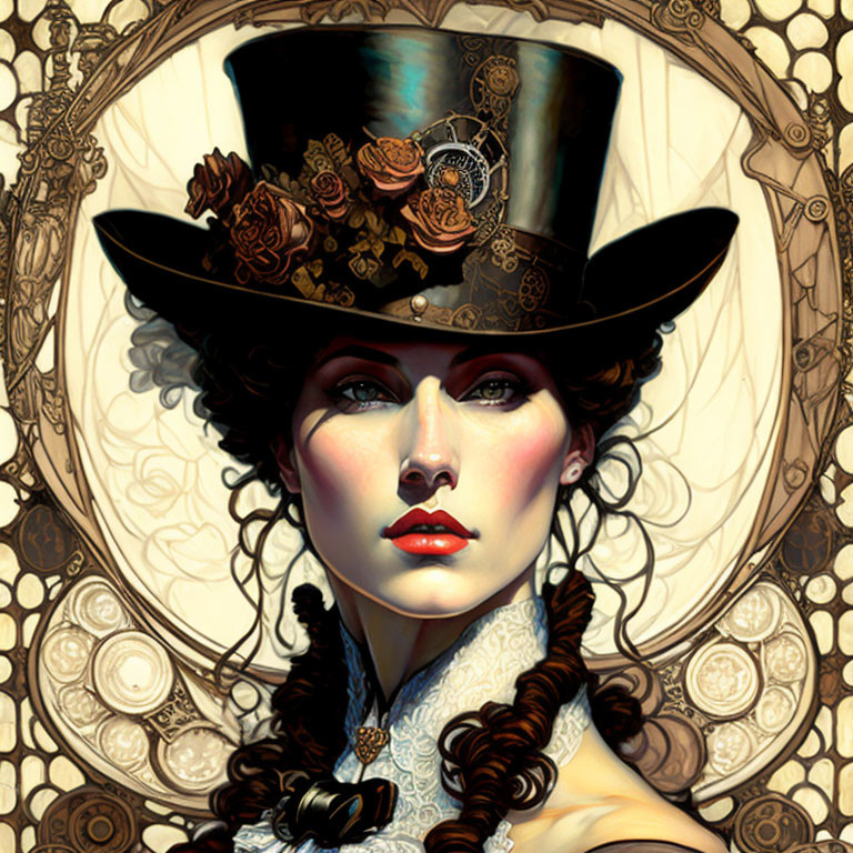 Illustrated woman in steampunk top hat with roses and gears, intricate background patterns