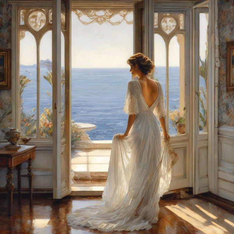 Woman in white dress gazes at tranquil sea through open double doors