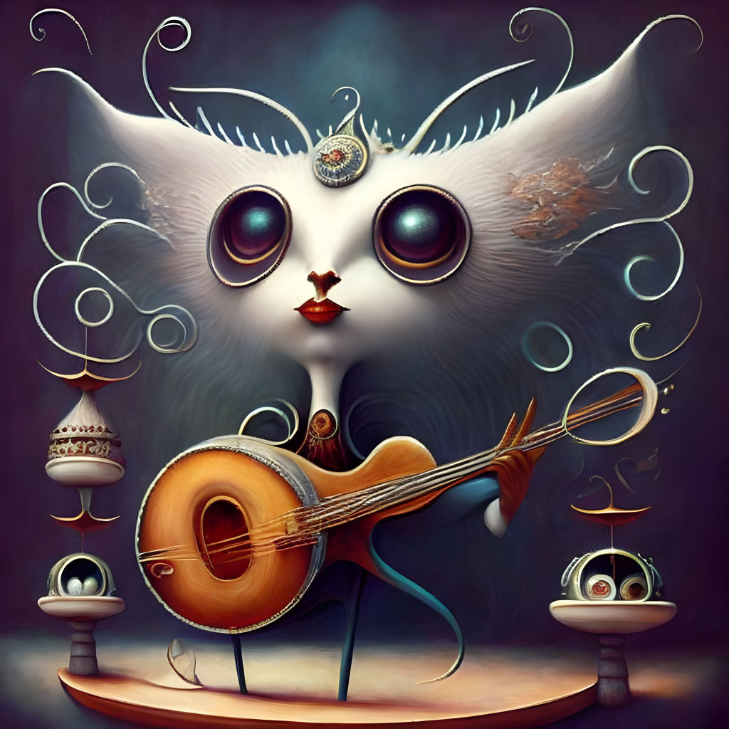 Whimsical white cat illustration with crown and cello surrounded by floating eyes and teacups