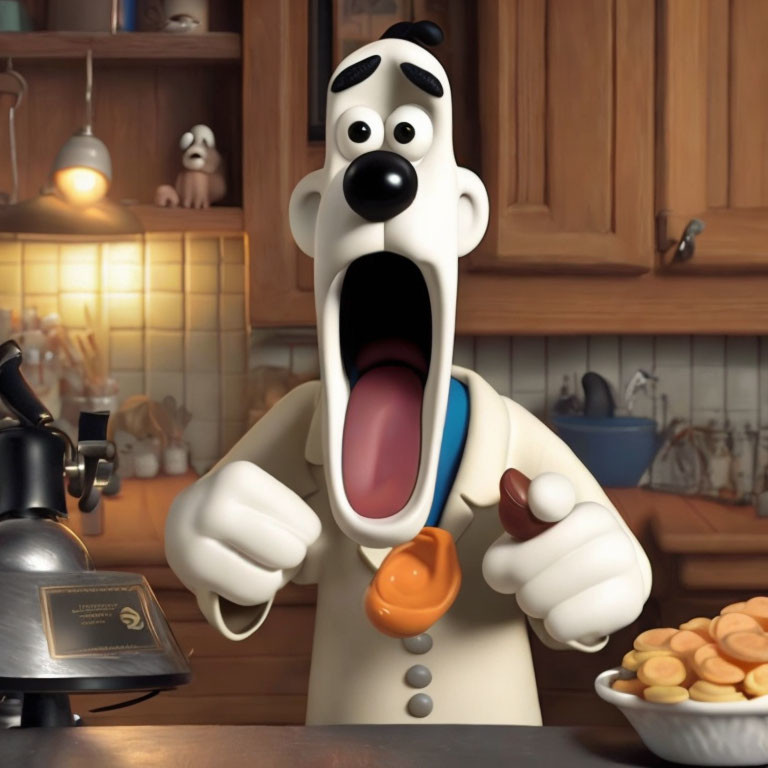 Surprised animated dog with honey spoon in kitchen