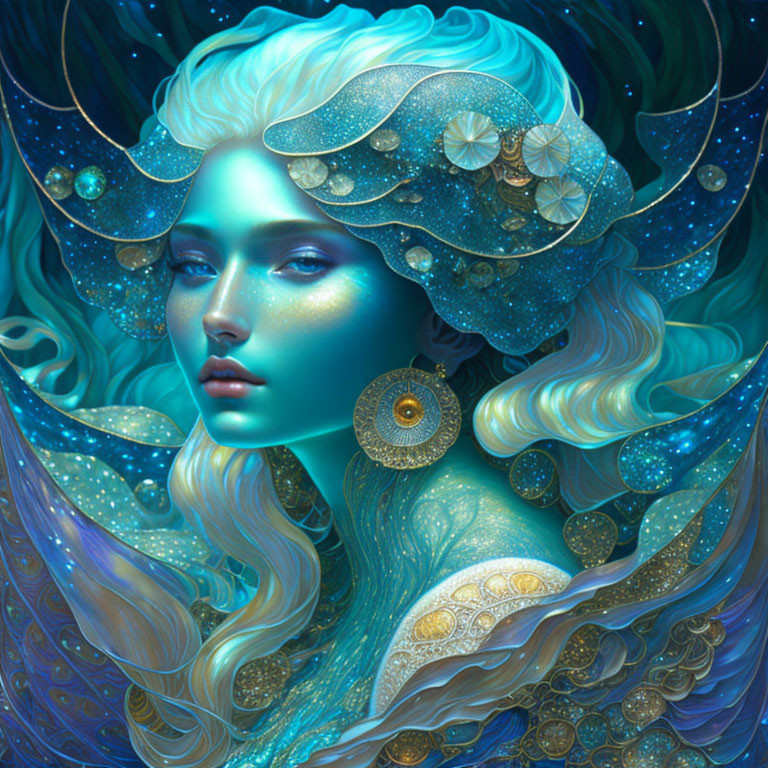 Blue-skinned woman with golden headwear and starry hair in oceanic theme.